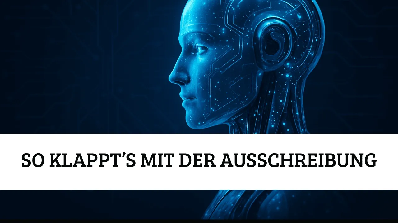 Futuristischer blauer KI-Roboter im Profil als Symbol für künstliche Intelligenz – effizientere Ausschreibungsbewerbungen und Angebotsprozesse mit KI-Unterstützung
