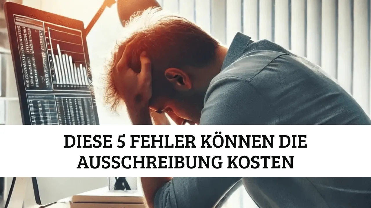 Gestresster Mitarbeiter sitzt frustriert vor Computer mit Datenanalysen – symbolisiert typische Fehler, Überforderung und Zeitdruck bei der Ausschreibungssuche und wie KI-Tools wie Vergabepilot.AI diese Probleme reduzieren können