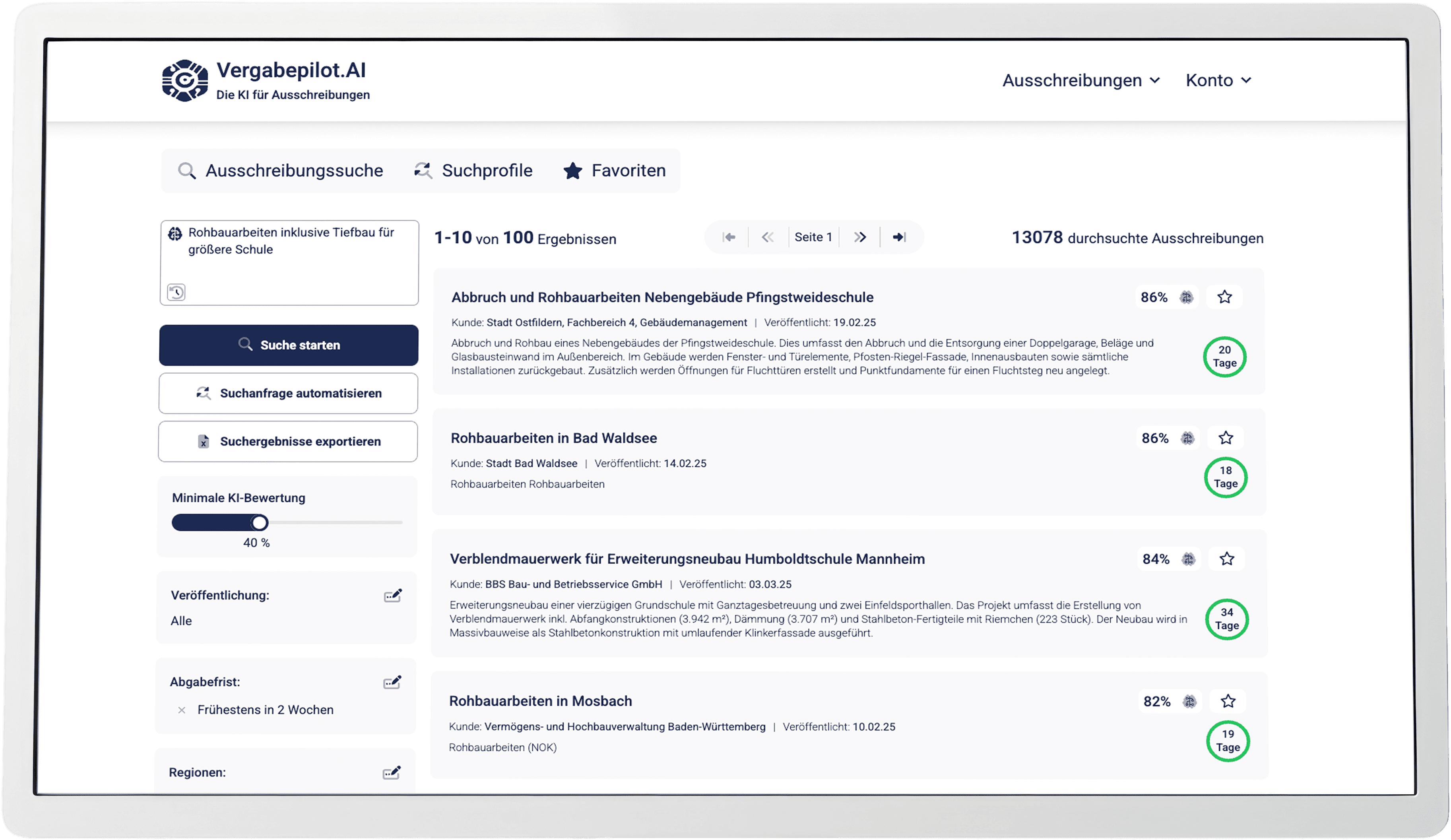 Vergabepilot.AI Dashboard - KI-gestützte Ausschreibungssuche