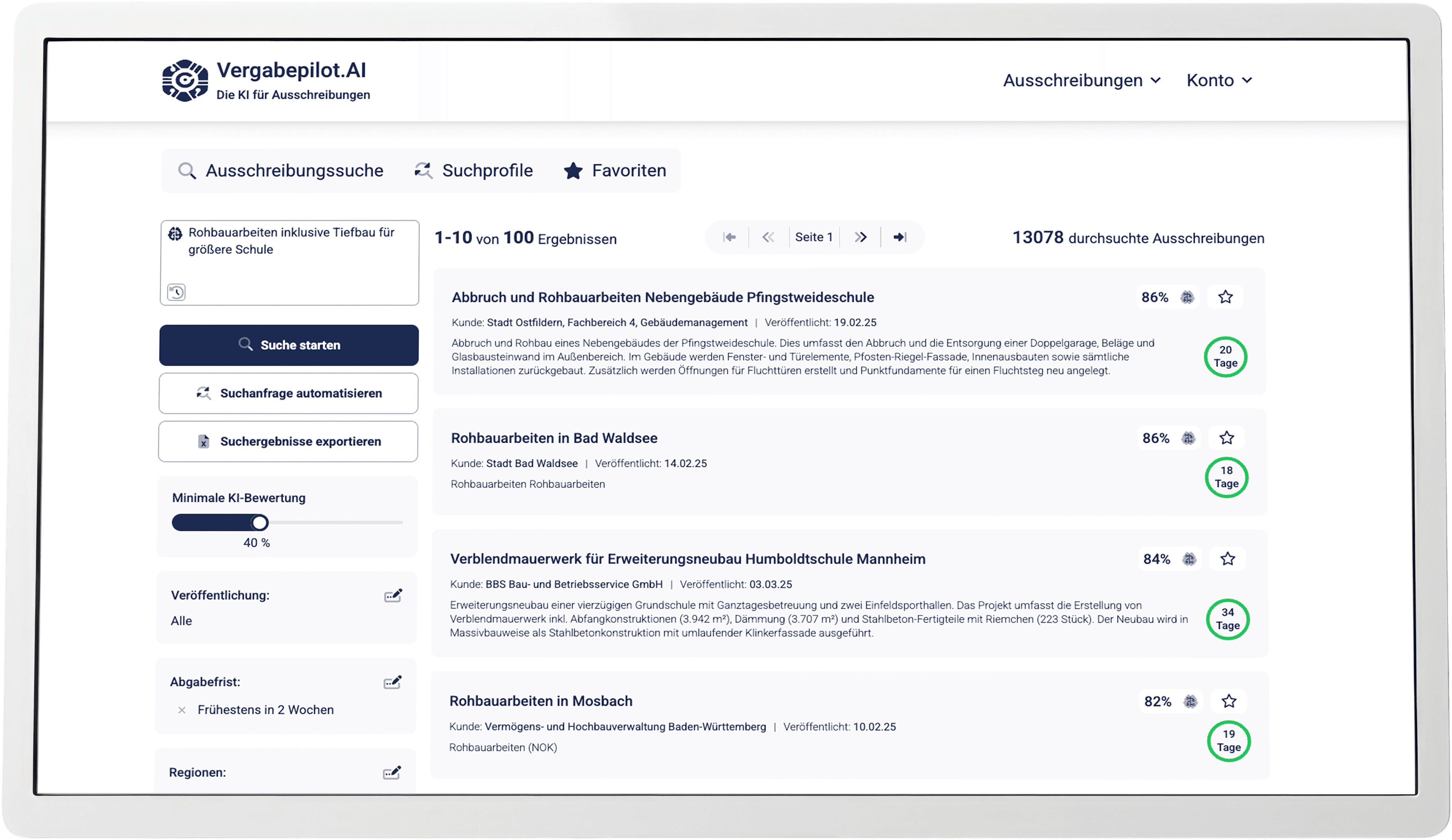 Vergabepilot.AI Dashboard - KI-gestützte Ausschreibungssuche