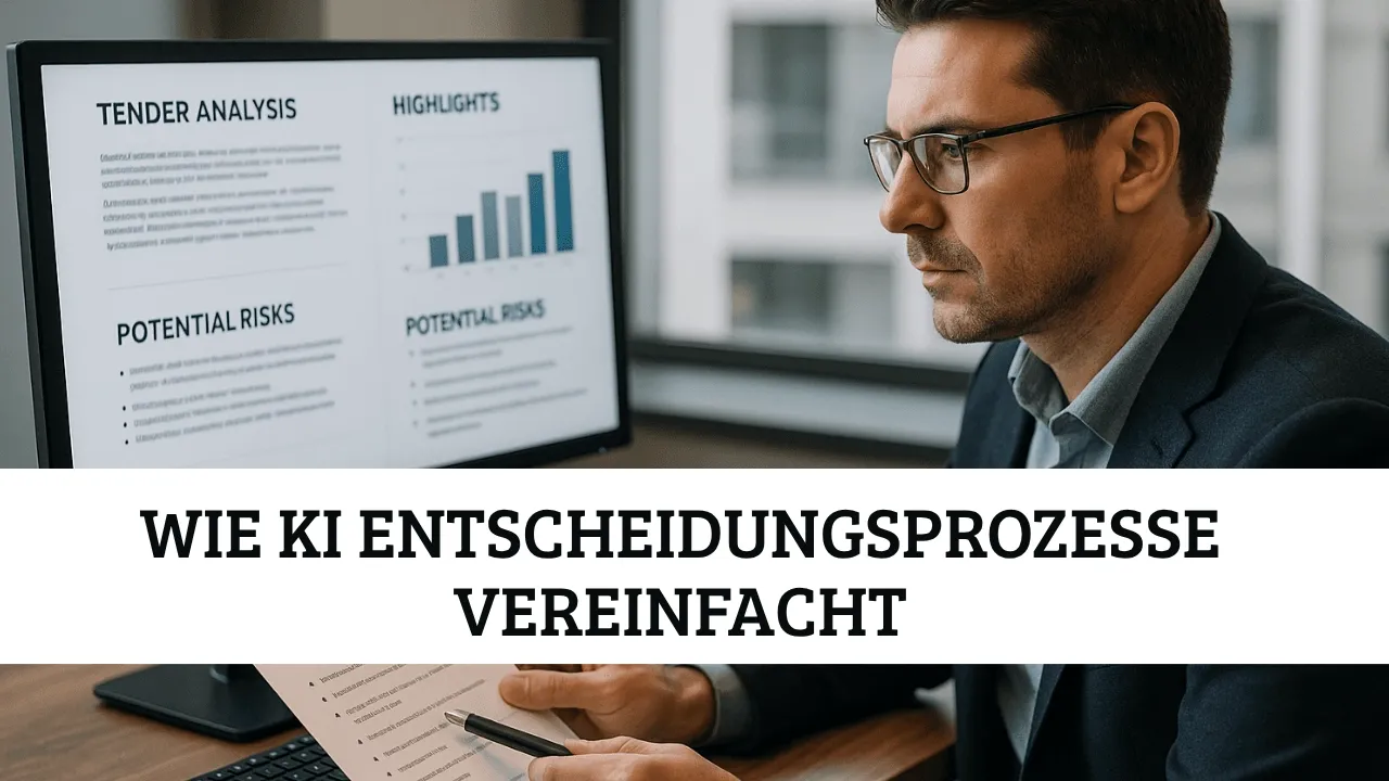 Go-/No-Go-Entscheidung bei Ausschreibungen: Person prüft Tender-Dokument vor Laptop mit KI-Datenanalyse für datengetriebene Bid/No-Bid-Auswahl
