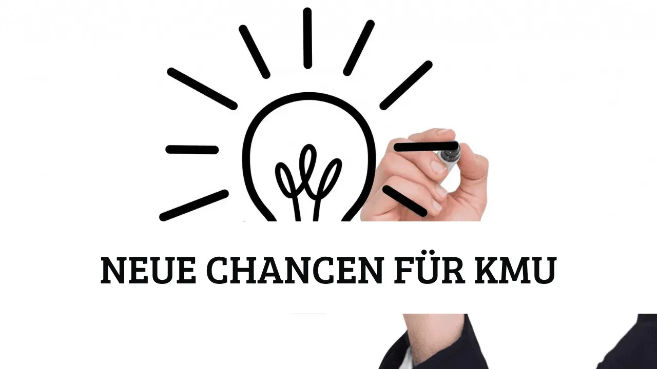 Illustration einer Glühbirne mit Schriftzug „Neue Chancen für KMU“ – wie kleine und mittlere Unternehmen durch Künstliche Intelligenz neue Geschäftschancen und effizientere Prozesse gewinnen