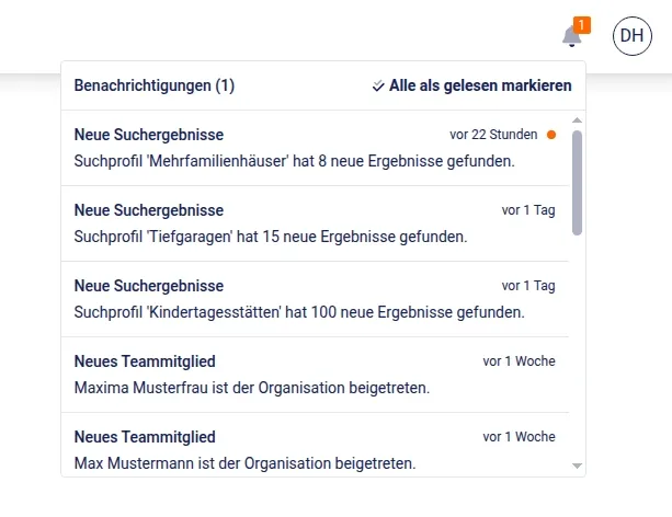 Screenshot der In-App-Benachrichtigungen in Vergabepilot.AI – neue Suchergebnisse aus Suchprofilen und Teamaktivitäten im Benachrichtigungscenter für Ausschreibungen, ohne zusätzliche E-Mail-Flut