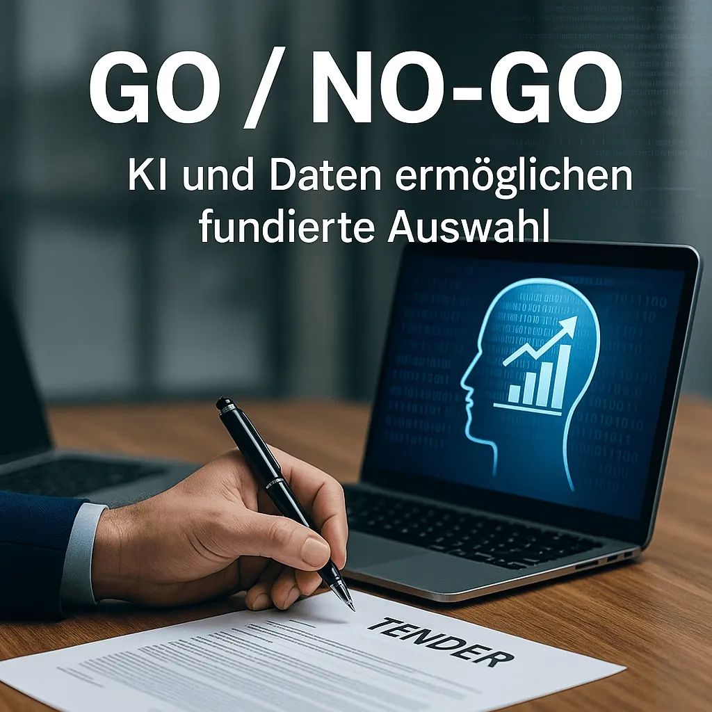 Go-/No-Go-Entscheidung bei Ausschreibungen: Person prüft Tender-Dokument vor Laptop mit KI-Datenanalyse für datengetriebene Bid/No-Bid-Auswahl