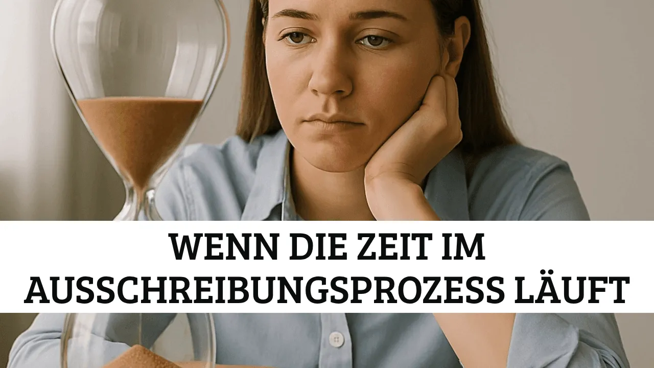Erschöpfte Projektmitarbeiterin blickt auf Sanduhr – Symbol für Zeitdruck, enge Fristen und Zeitmangel im Ausschreibungsprozess und wie Automatisierung und KI-Lösungen wie Vergabepilot.AI entlasten können.