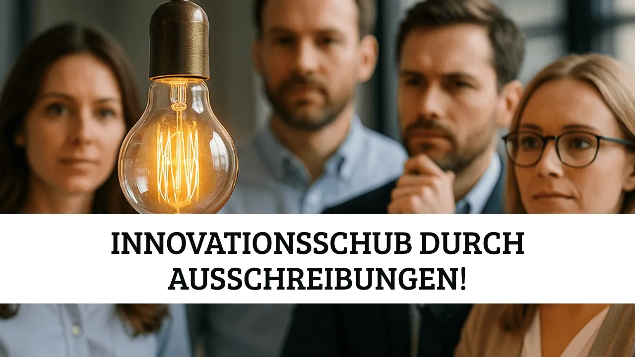 Team aus Vergabe- und Ausschreibungsexperten blickt auf leuchtende Glühbirne als Symbol für Innovation und neue Ideen im Ausschreibungsmanagement