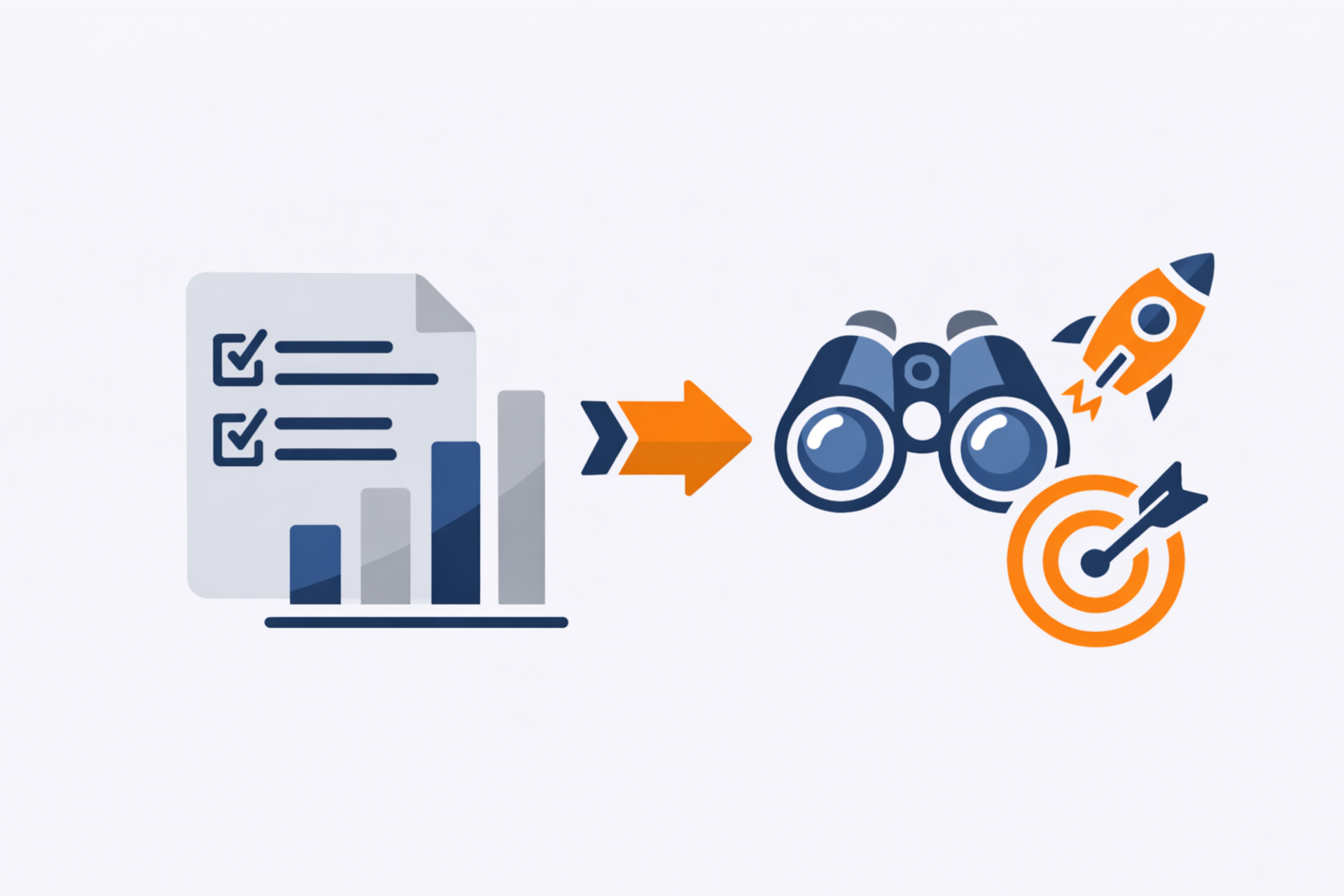 Illustration zum Rückblick 2025 und Ausblick 2026: Links ein Dokument mit Haken und Balkendiagramm in Blau und Orange, in der Mitte ein orangefarbener Pfeil nach rechts, rechts Fernglas, Rakete und Zielscheibe mit Pfeil – Symbole für Planung, Fortschritt und Zukunft.
