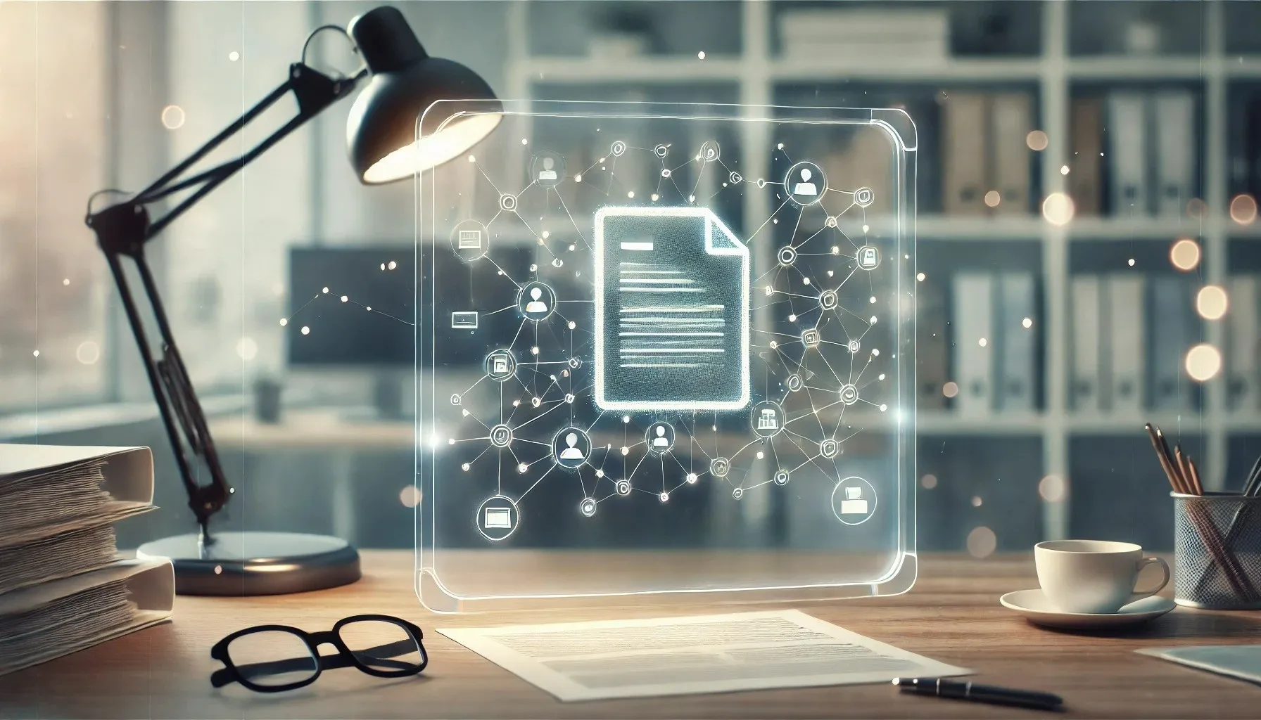 Digitale Vergabeunterlagen schweben als vernetztes Dokument im Büro – semantische Ausschreibungssuche und Dokumentenmanagement mit KI
