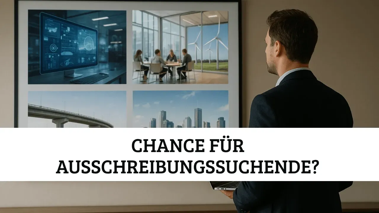Geschäftsmann mit Laptop betrachtet Wandcollage zu Infrastruktur, erneuerbaren Energien und Digitalisierung – öffentliche Ausschreibungen in Deutschland im Rahmen des Sondervermögens