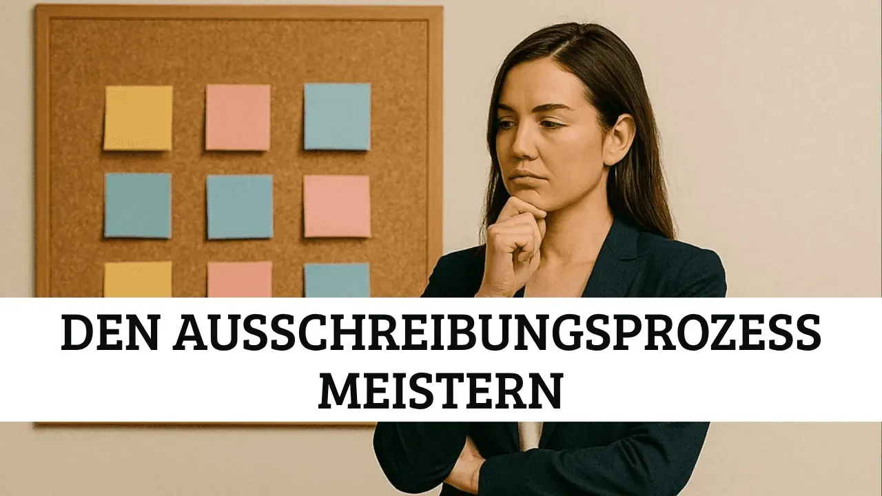 Nachdenkliche Projektleiterin vor Pinnwand mit farbigen Notizzetteln – Visualisierung der Phasen im Ausschreibungsprozess und wie KI-Lösungen wie Vergabepilot.AI in jeder Phase unterstützen
