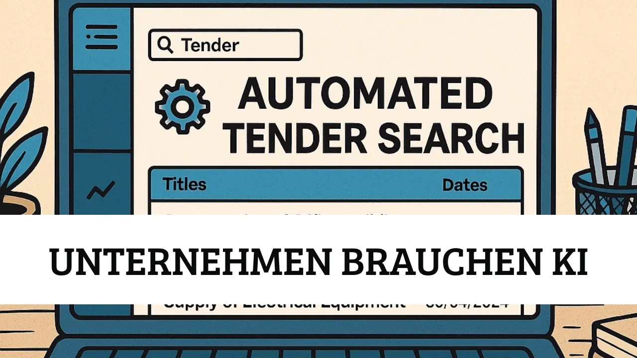 Illustration eines Laptops mit Bildschirm „Automated Tender Search“ – automatisierte Ausschreibungssuche und Zukunft öffentlicher Ausschreibungen mit KI